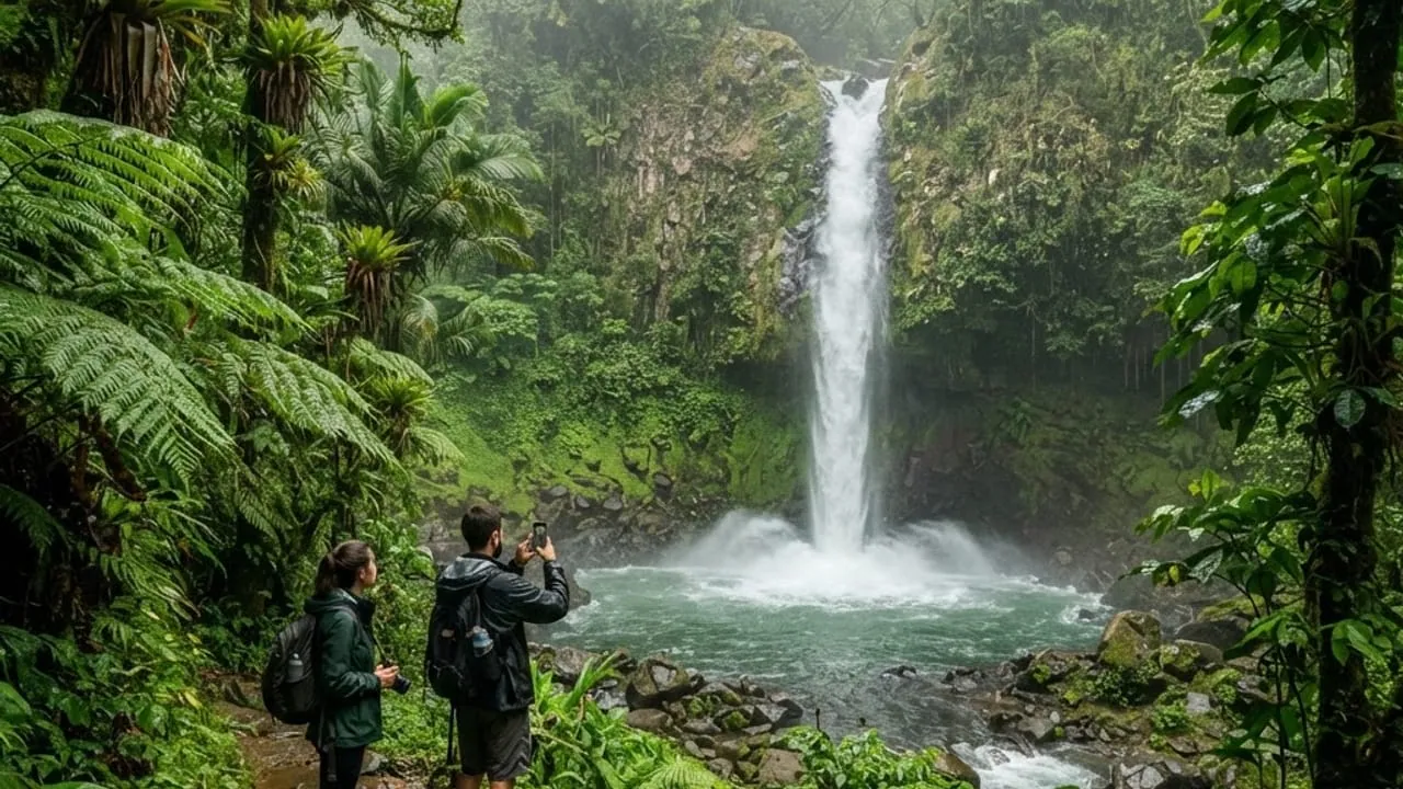 Bosque lluvioso tropical de Costa Rica con cascada