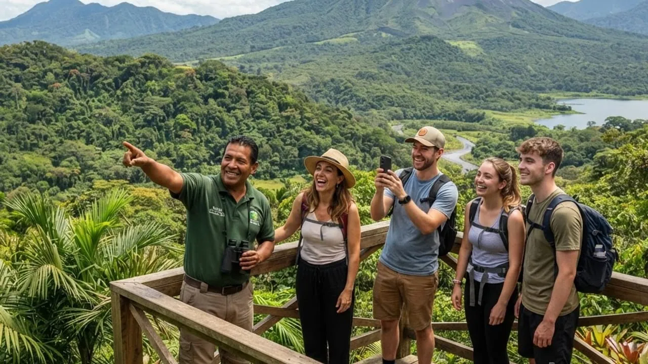 Grupo de turistas con guía local en un mirador de Costa Rica